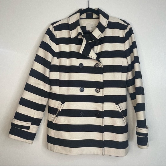 LOFT Jackets & Blazers - LOFT Black and Cream Striped Pea Coat